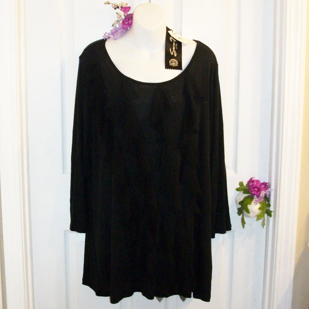 SEVEN 7 LUXE 1X 22/24 NWT Black Ruffle Tunic Top 3/4 Sleeve MSRP: $60